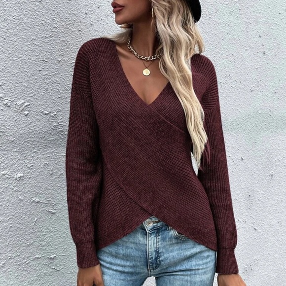 Tan faux wrap Boho knit sweater surplice - Picture 7 of 11